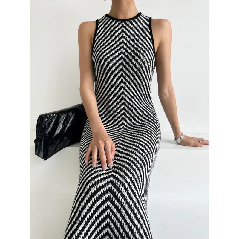 Striped Ribbed Casual Midi Dress