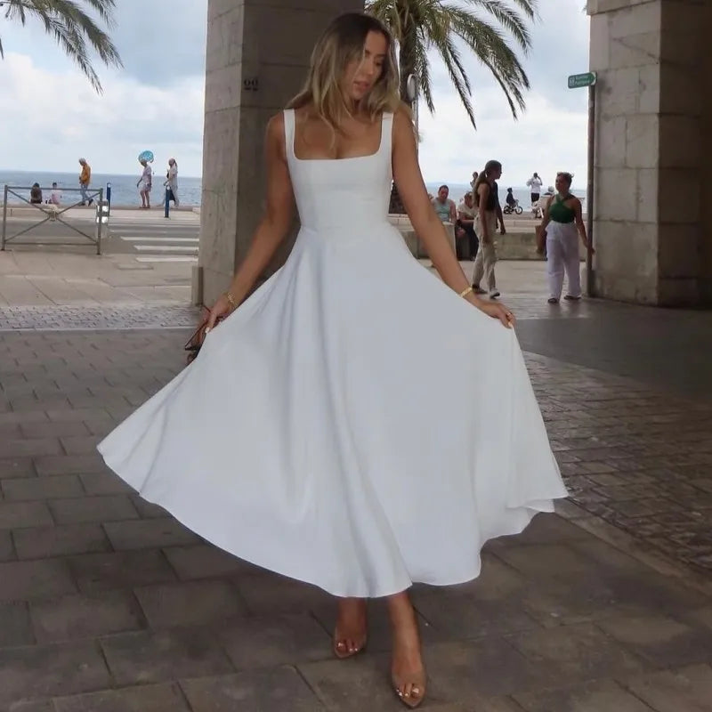 Square Neck Black Strap Spaghetti Maxi Dress