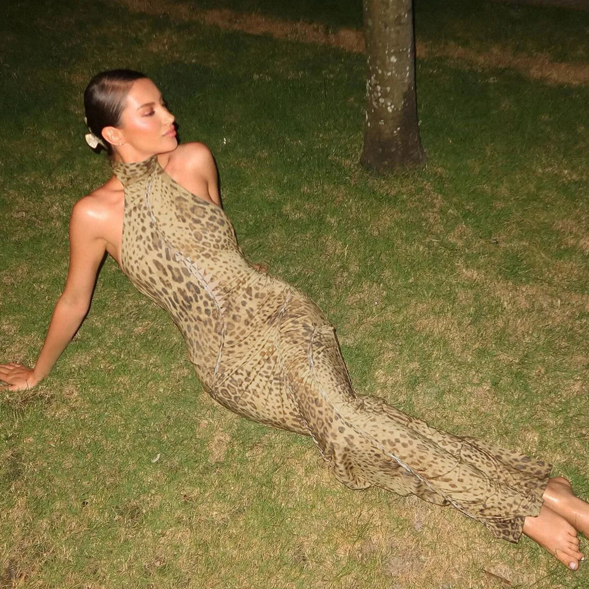 Halter Leopard Embellished Long Party Dress