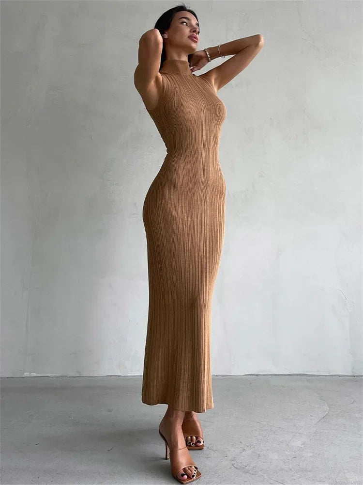Sleeveless Turtleneck Casual Maxi Dress