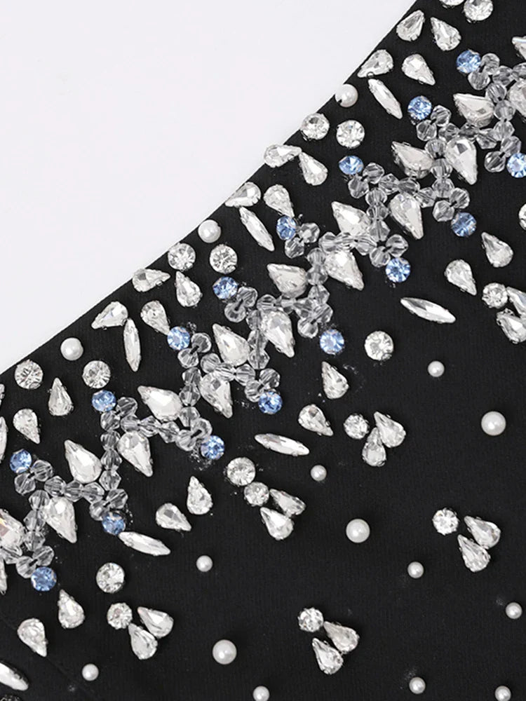 Black Crystal Pearl Diamond Chic Mini Dress