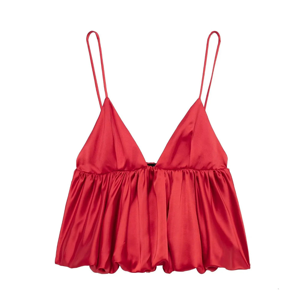 Red Satin Puff Short Camisole Party Dress
