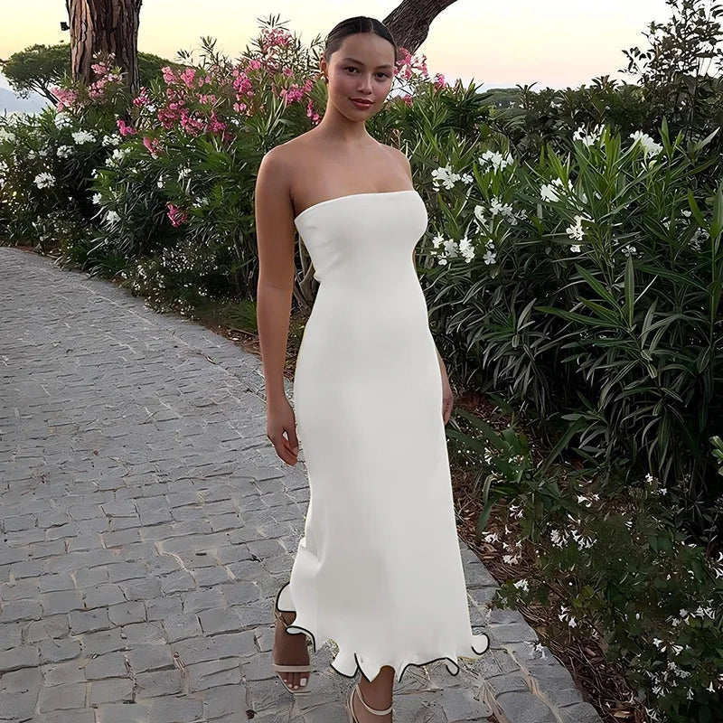 Frill Trim Tube Style Midi Dress
