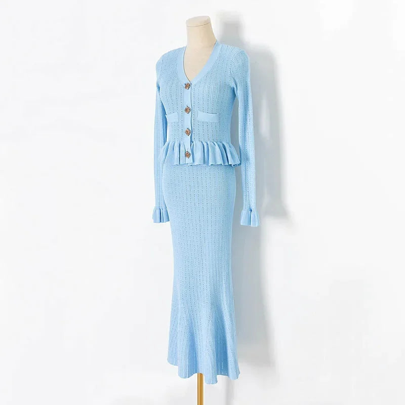 Ruffle Knit Long Sleeve Mermaid Midi Dress