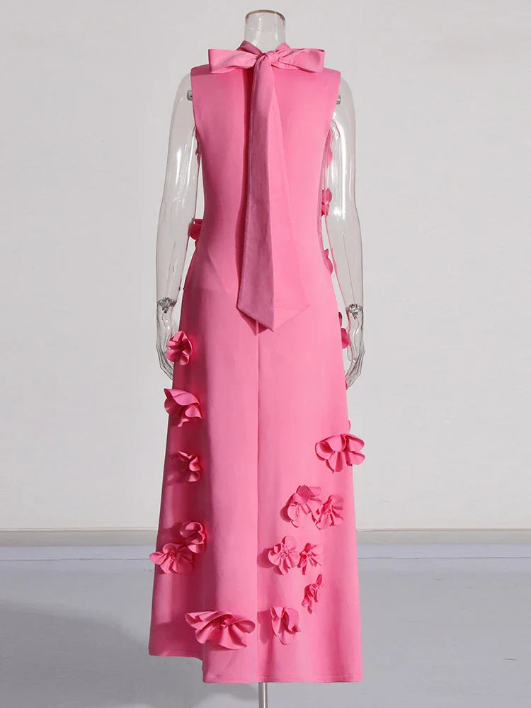 3D Flower Applique Mock Neck Midi Dress