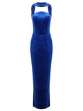 Blue Velvet Halter Sleeveless Maxi Dress