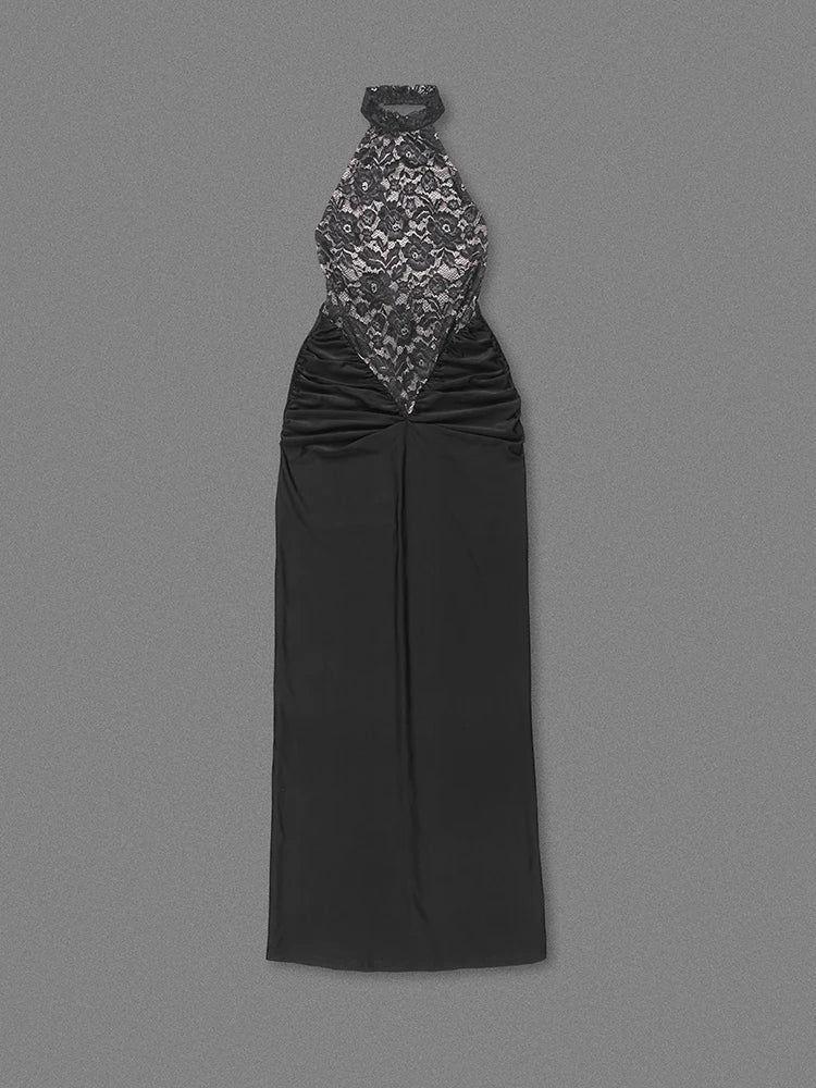 Halter Neck Lace Patchwork Black Strap Maxi Dress