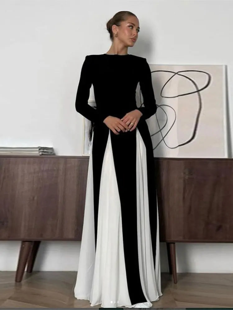 Pleated Patchwork Long Sleeve Maxi Party Dress