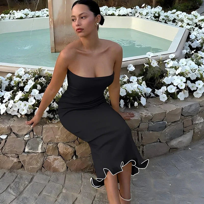 Frill Trim Tube Style Midi Dress