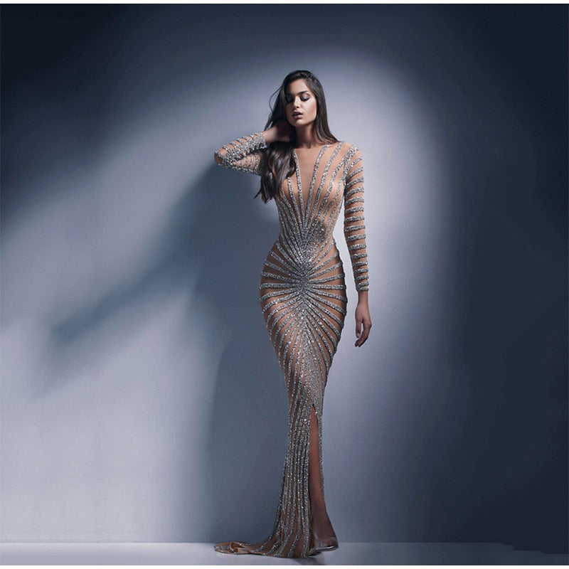 Mesh Sequin Split Fishtail V-Neck Maxi Dress
