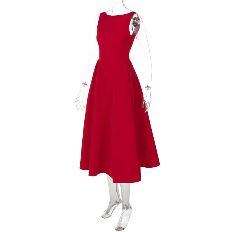 Straight Neck Flared Sleeveless Midi Dress