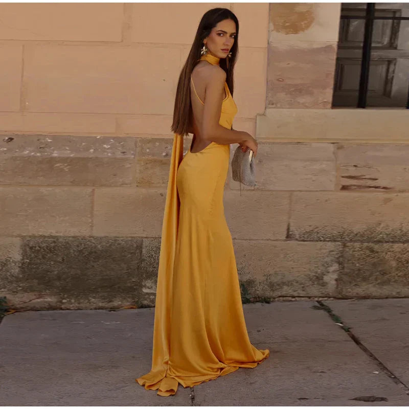 Yellow Satin Sleek Maxi Dress