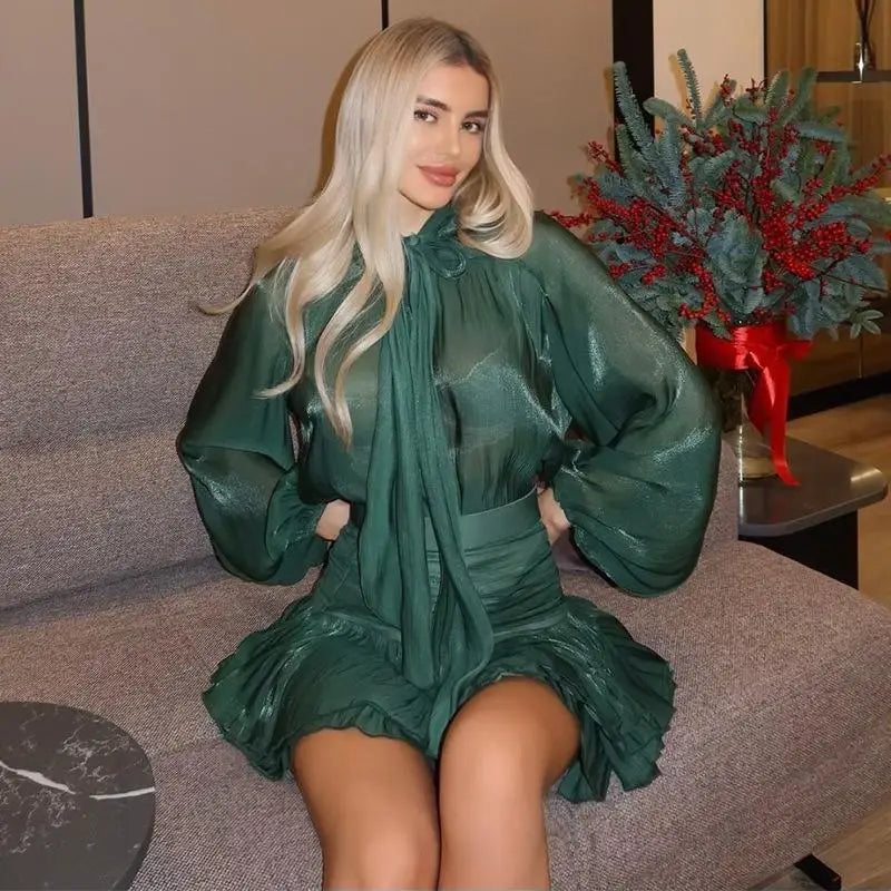 Lantern Sleeve Blouse Pleated Skirt Suit Mini Dress