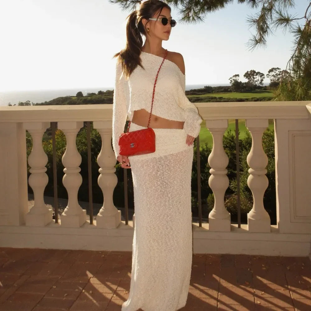 Knit Long Sleeve Top and Maxi Skirt Set