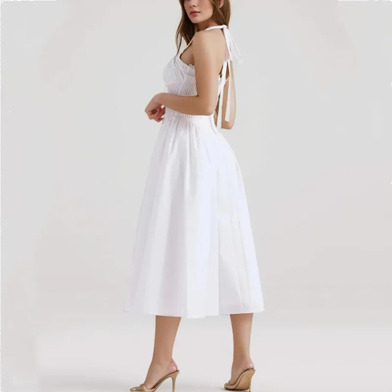 Corset Bow Halter Lace Spliced Midi Dress