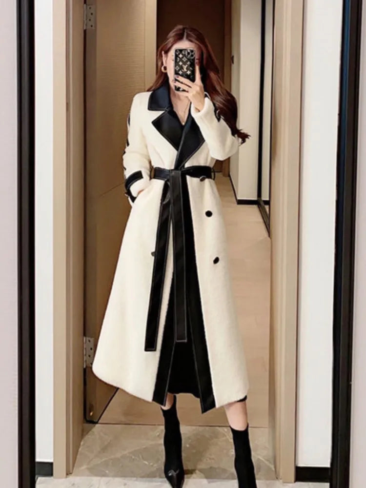 Contrast Patchwork Overcoat with Belt Party Dress