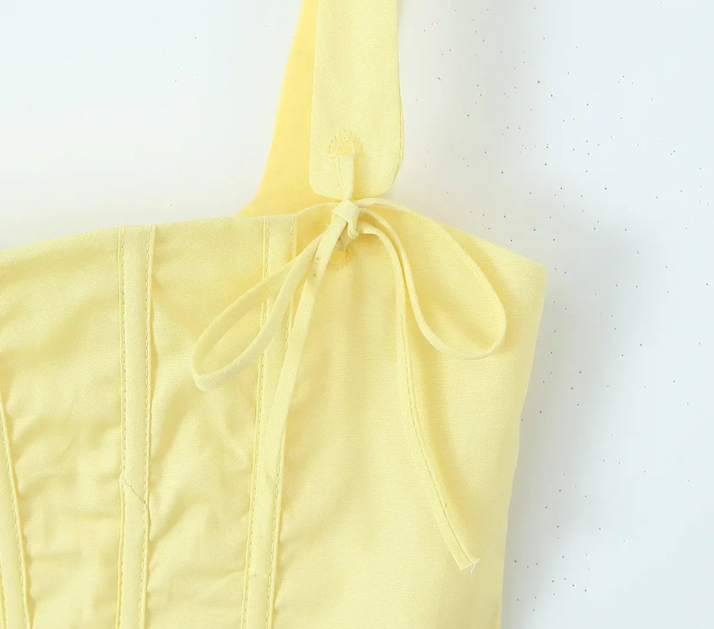 Yellow Slit Cross Laced Top Midi Dress