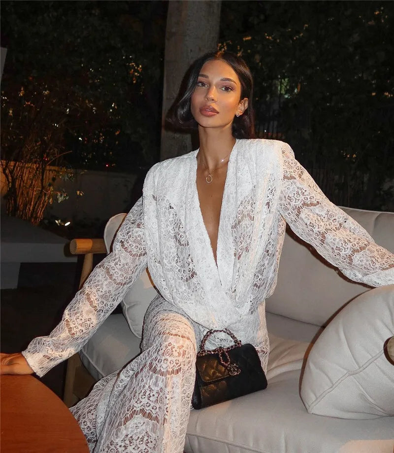 White Lace Two-Piece Loose Pants Party Dress