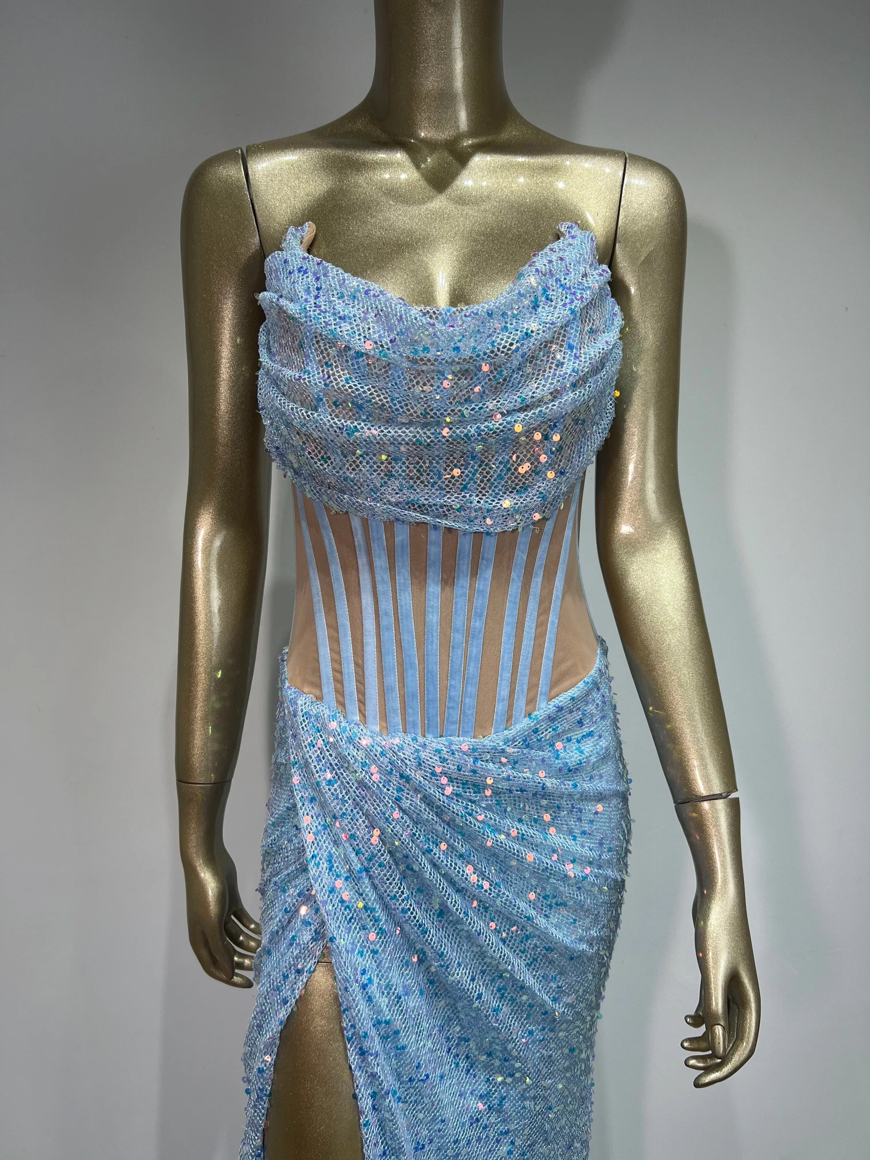 Strapless Mesh Sequin Ruffles Maxi Party Dress