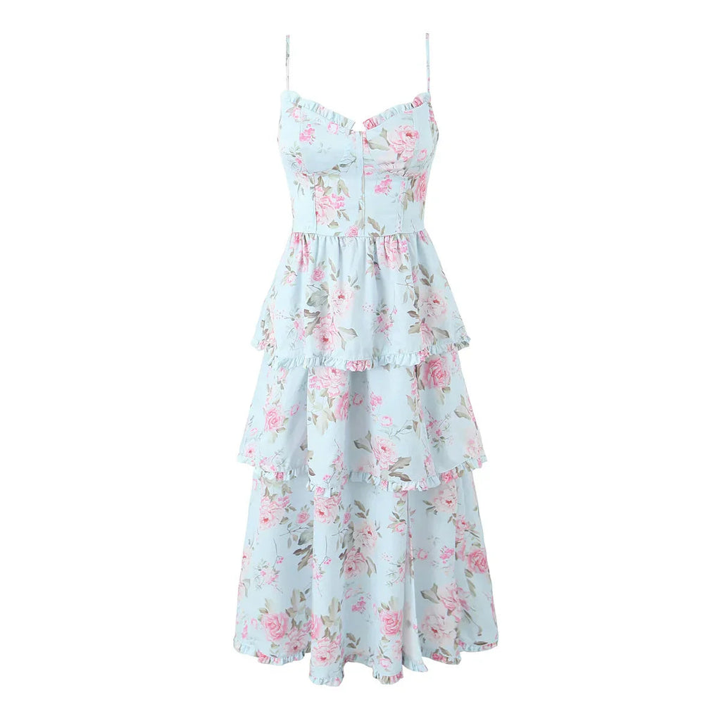 Printed Cross Lacing Back Slit Midi Dress