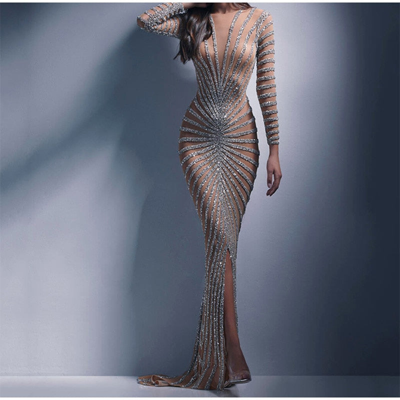 Mesh Sequin Split Fishtail V-Neck Maxi Dress