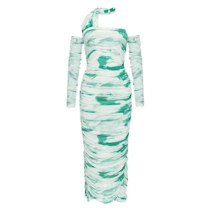 Halter Open Shoulder Printed Lace Midi Dress
