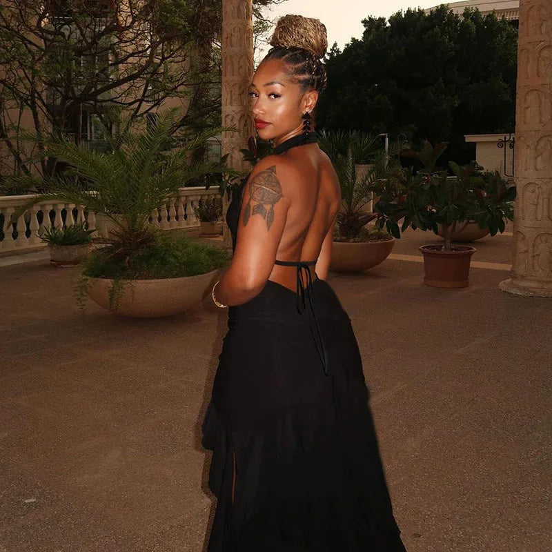 Black Deep Neck Open Back Ruffled Maxi Dress