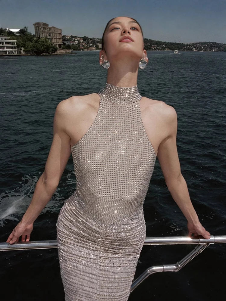 Halter Neck Backless Crystal Fold Long Party Dress
