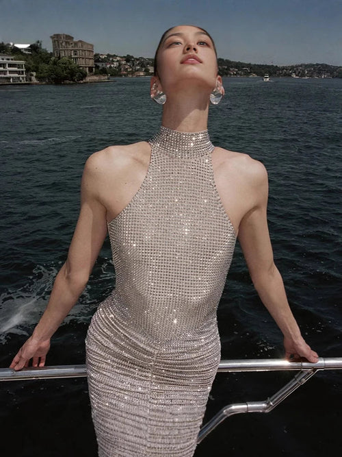 Halter Neck Backless Crystal Fold Long Party Dress