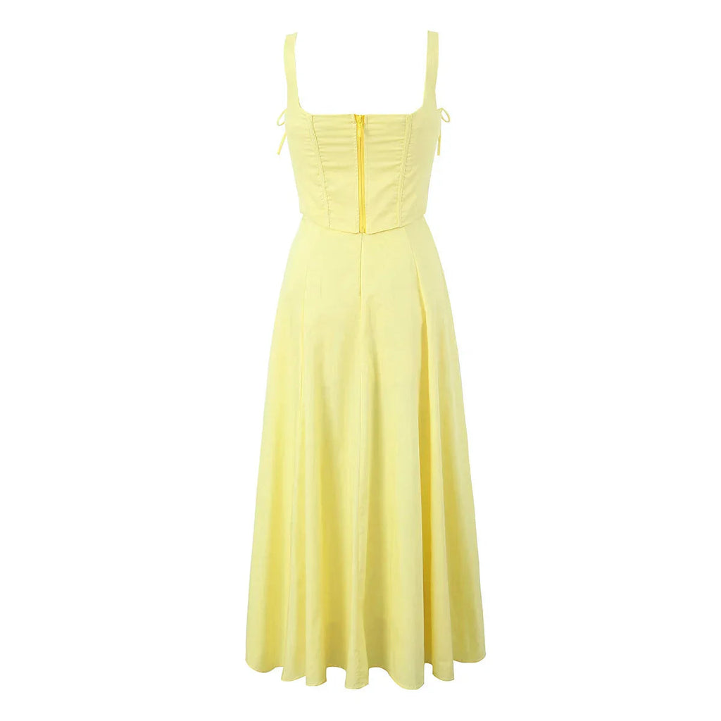 Yellow Slit Cross Laced Top Midi Dress
