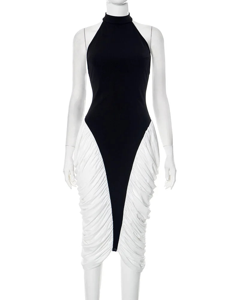 Patchwork Halter Pleated Contrast Midi Dress
