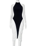 Patchwork Halter Pleated Contrast Midi Dress