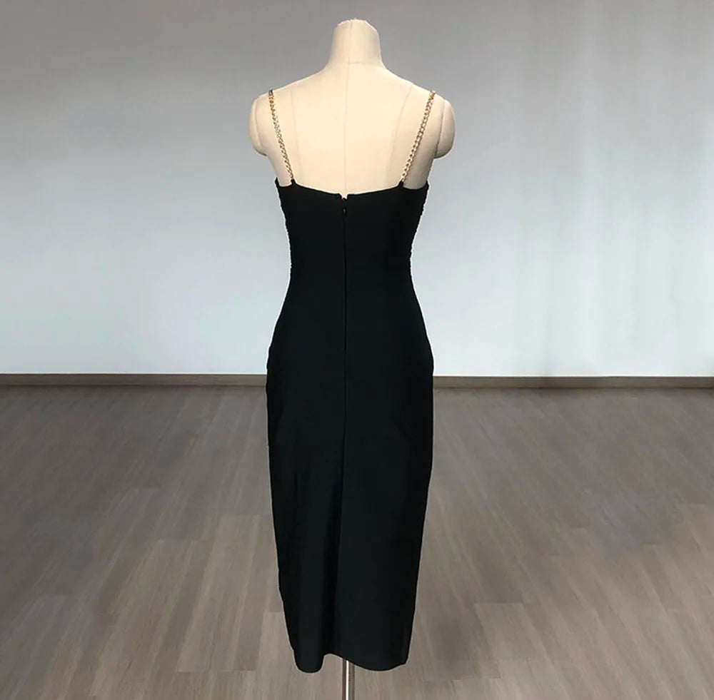 Black Cross Brooch Slit Bandage Midi Dress