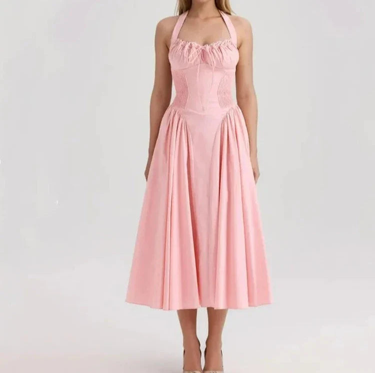 Corset Bow Halter Lace Spliced Midi Dress