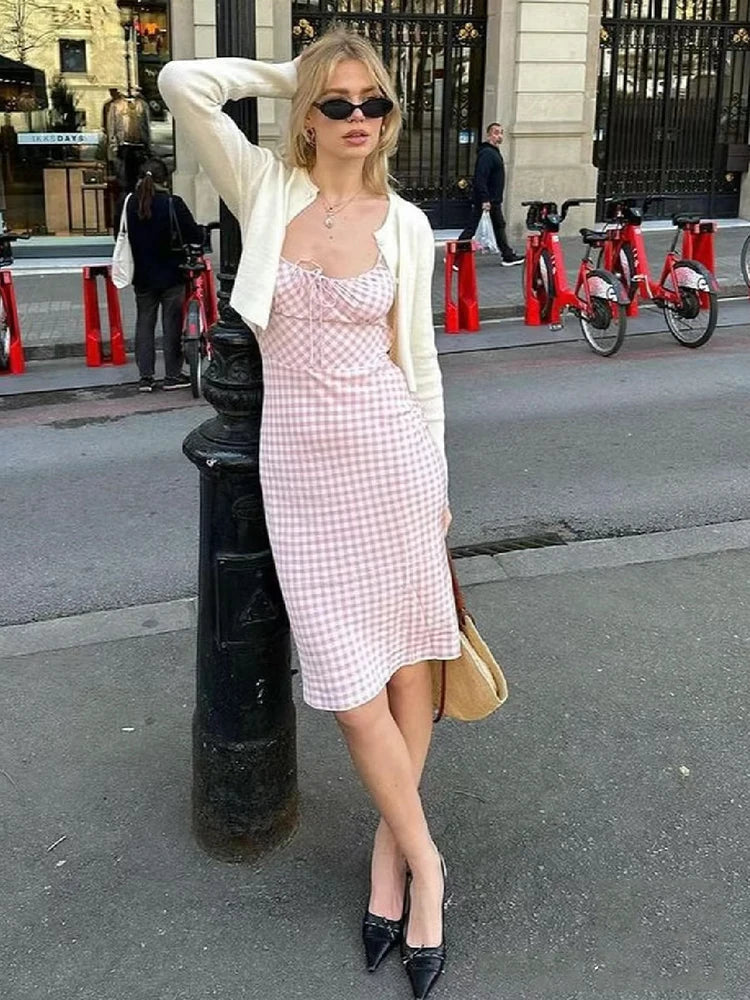 Spaghetti Strap Plaid Pink Midi Dress