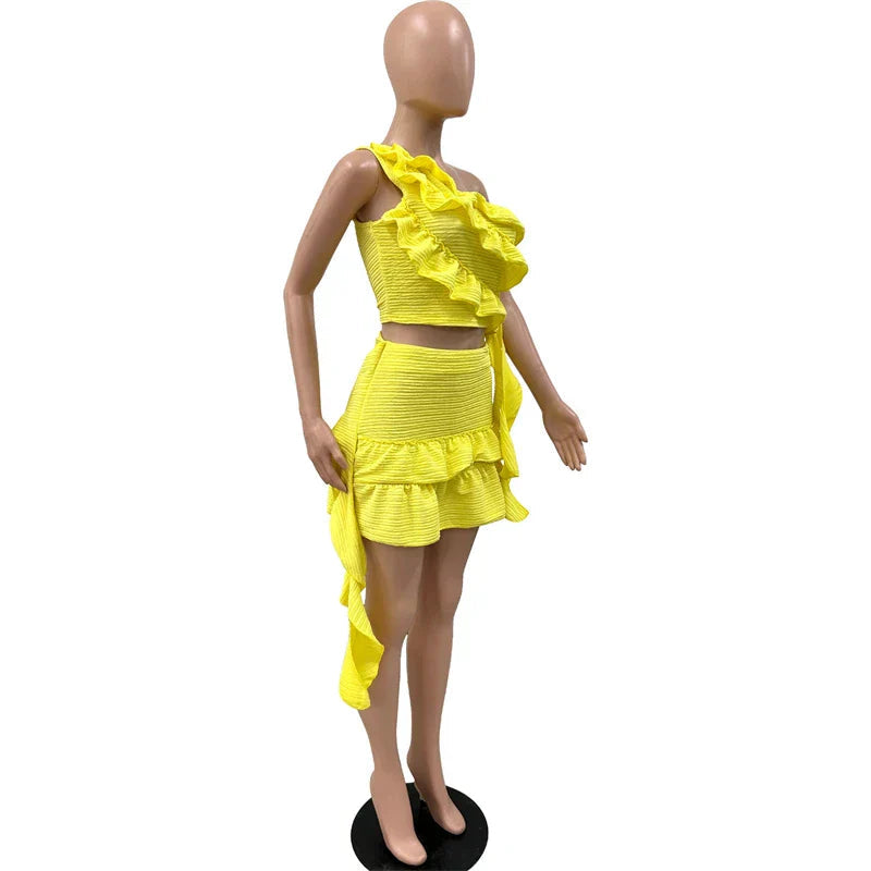 Ruffled Ribbon One Shoulder Crop Mini Dress