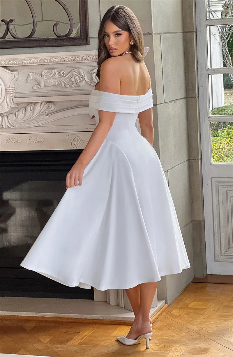 Off Shoulder Flared Elegant Midi Dress