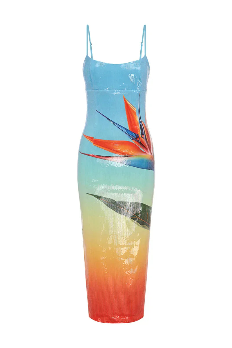Floral Sequin Spaghetti Strap Maxi Dress