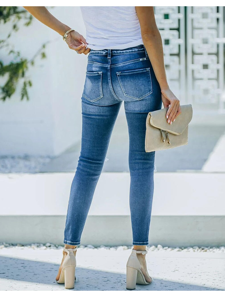 Blue Ripped High Waist Slim Denim Jean