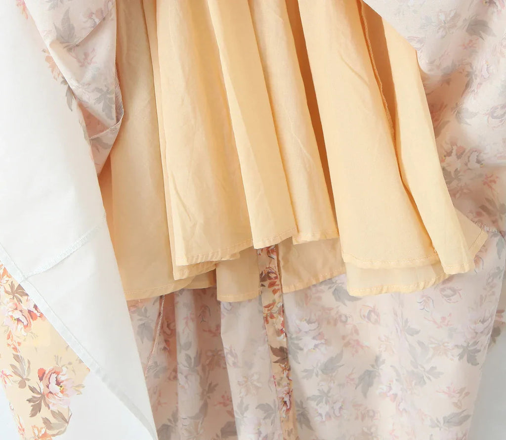 Slash Collar Floral Corset Pleated Midi Dress