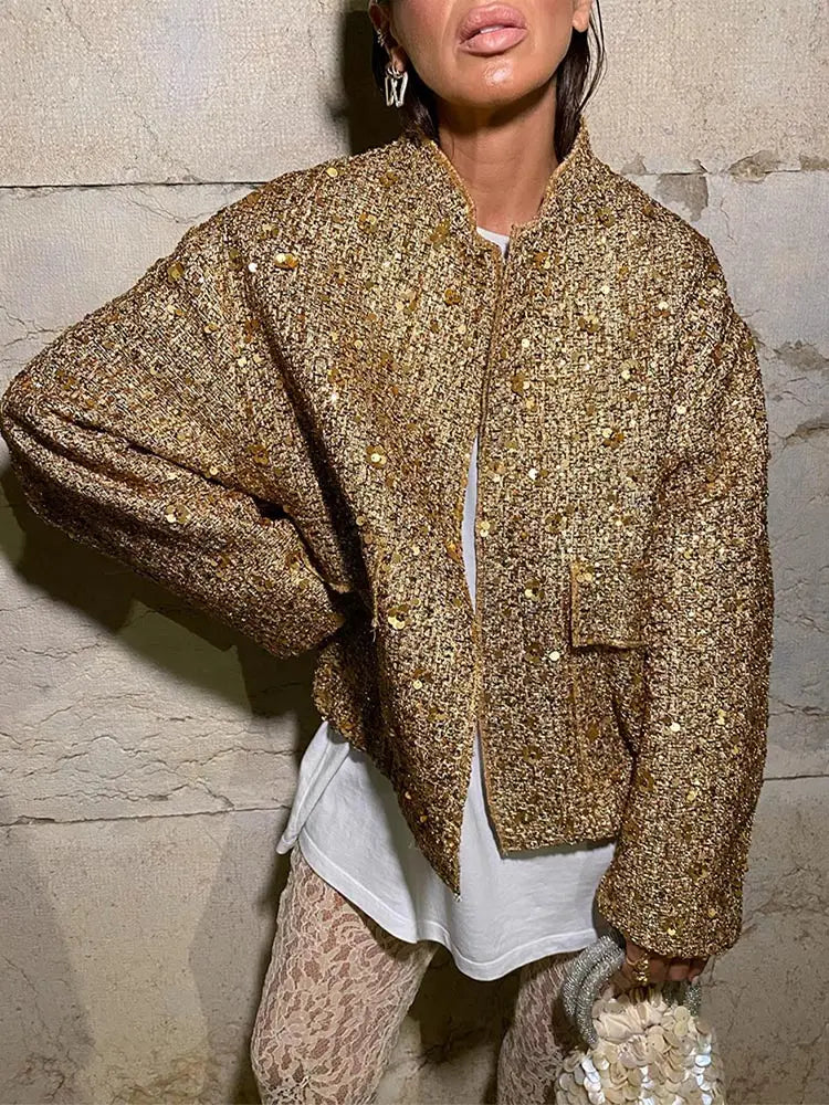 Golden Sequin Bomber Mini Coat