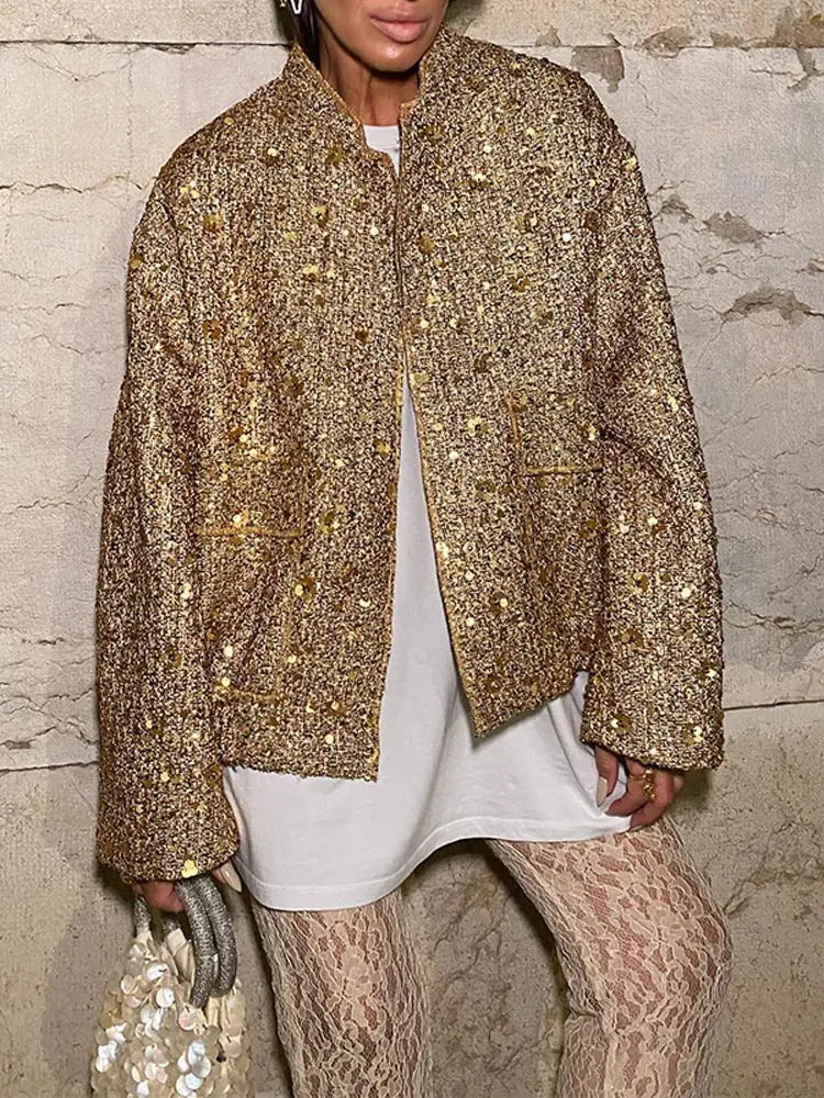 Golden Sequin Bomber Mini Coat