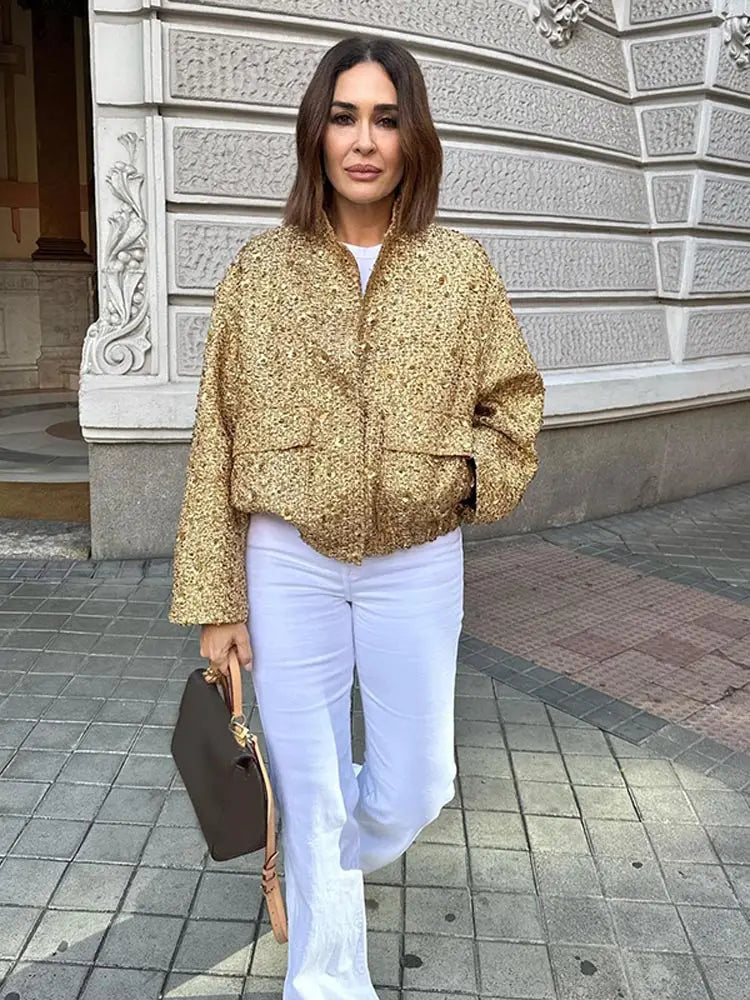 Golden Sequin Bomber Mini Coat