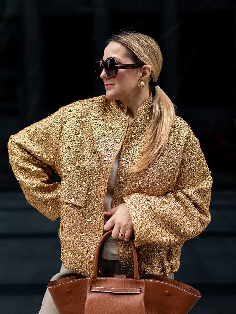 Golden Sequin Bomber Mini Coat