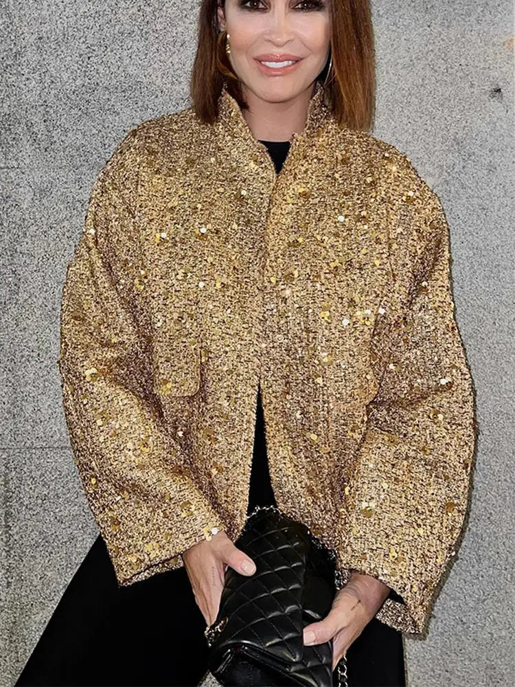 Golden Sequin Bomber Mini Coat