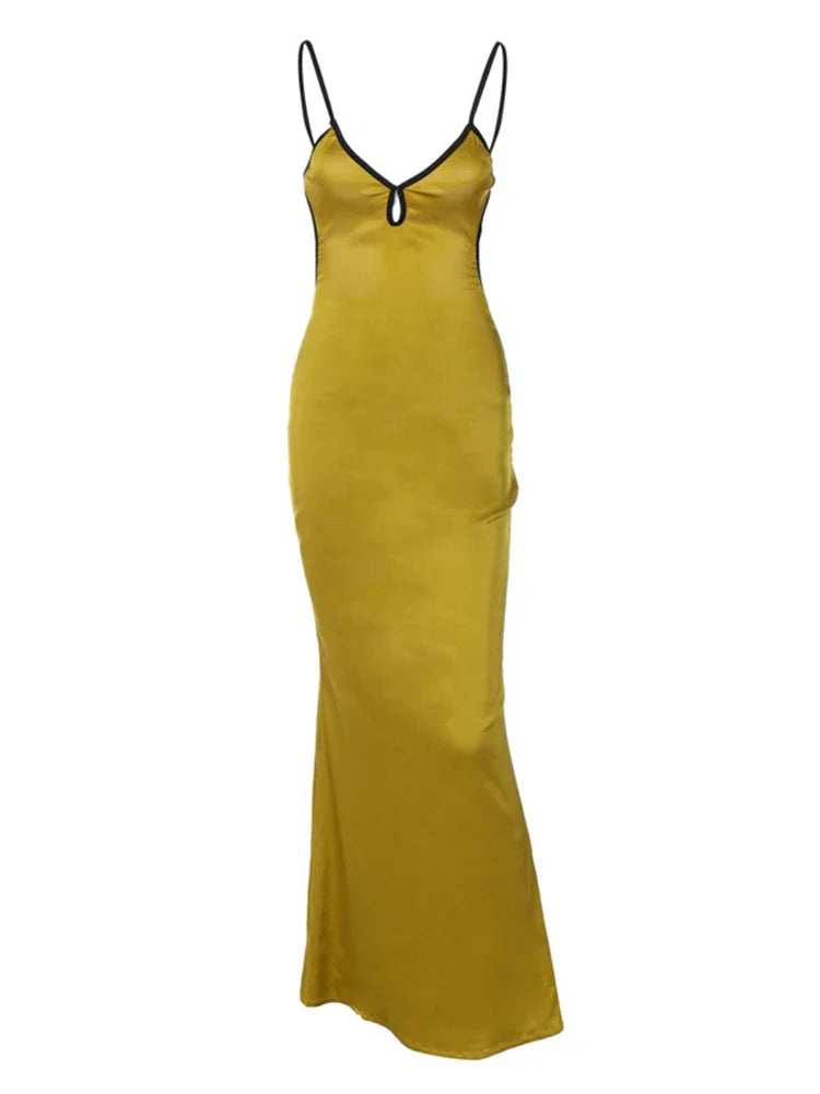 Sleeveless Patchwork Lace Up Cutout Backless Maxi Dress