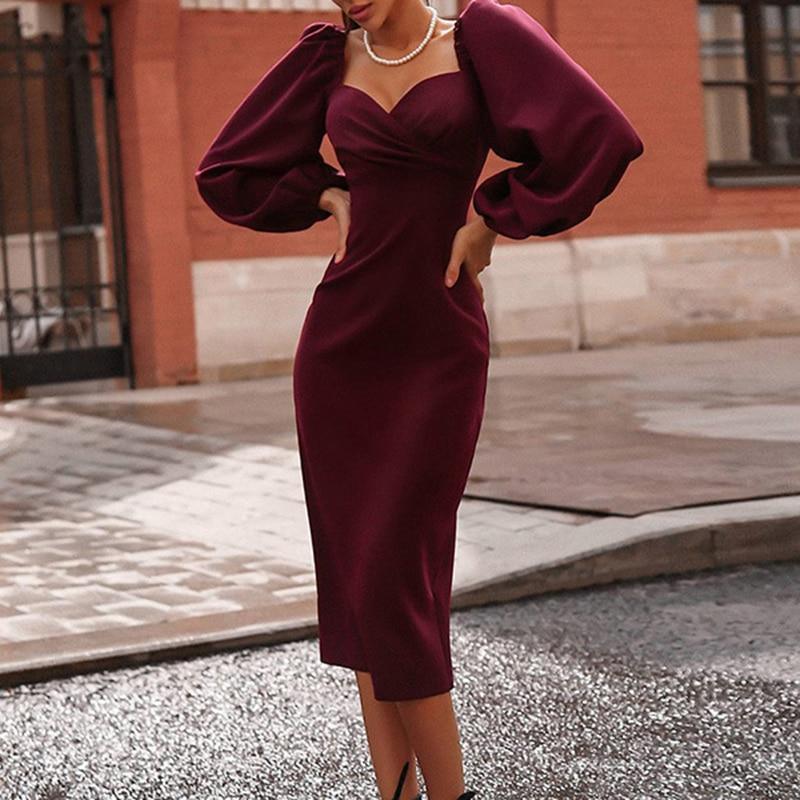 Solid Puff Sleeve Strapless Long Midi Dress