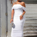 White Ruched Off Shoulder Formal Midi Dress