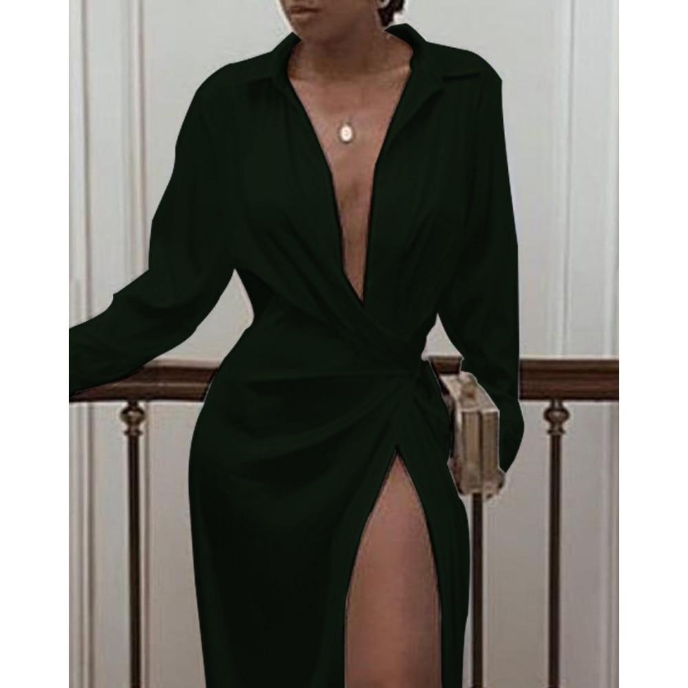 Solid Twisted Design Shirt Maxi Dress