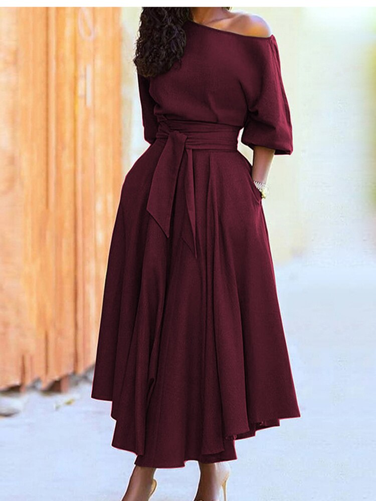 Diagonal Collar Boho Lace Up Maxi Dress
